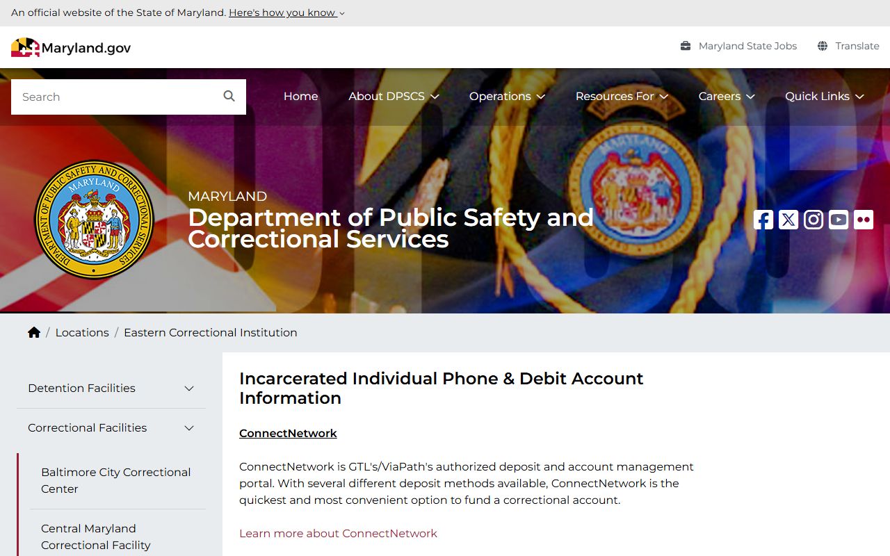 Maryland DPSCS Eastern Correctional Institution page with facility contact, visiting, mail, and vendor details