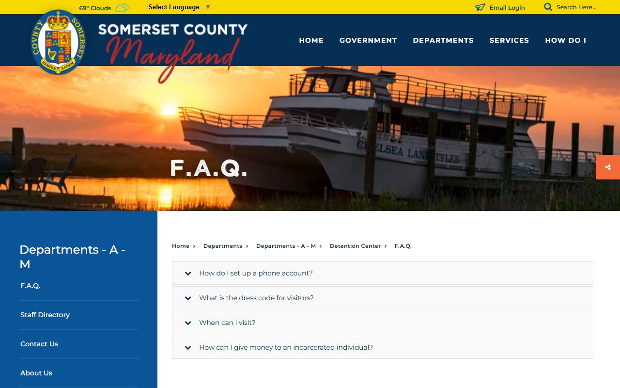 Somerset County Detention Center FAQ showing phone account, visitation, and money deposit guidance